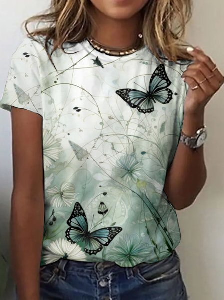 

Casual Floral Crew Neck Short Sleeve T-shirt, White, T-shirts