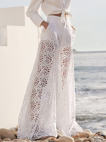 

Vacation Embroidery Patterns Hollow Out Wide Leg Pants, White, Pants