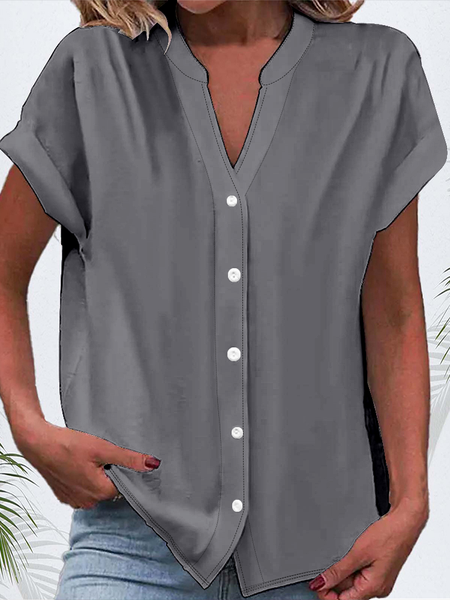 

Women's Short Sleeve Shirt Summer White Plain Buckle V Neck Daily Going Out Casual Top, Gray, Blouses