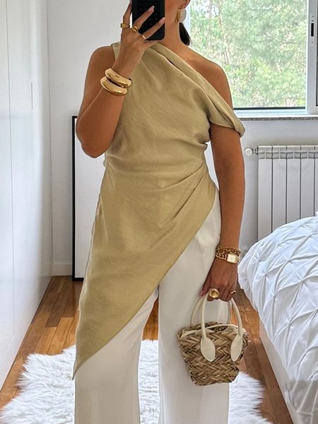 Linen Blend Casual Plain Asymmetrical Blouse, Khaki, Blouses and Shirts