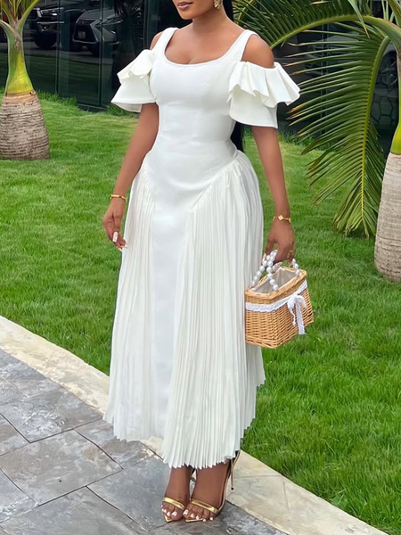 Elegant Plain Ruffle Sleeve Peplum Spaghetti Maxi Dress, White, Maxi Dresses