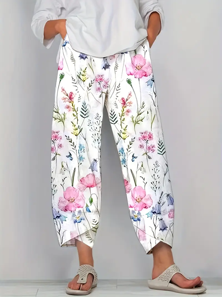 

Women Floral Capris Pant Casual Summer Trousers, White, Pants