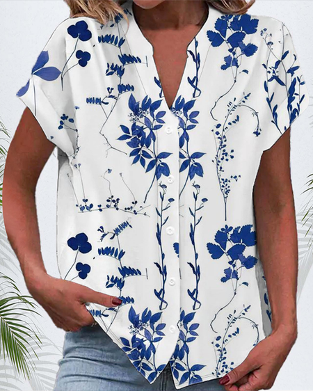 

Women Floral Short Sleeve Shirt Summer Buckle V Neck Daily Casual Top, Blue, Shirts