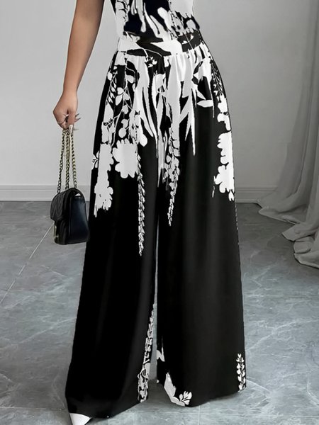 Casual Plants Printing Wide Leg Pants, Black-white, Pants