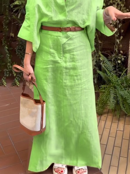 Linen blend Casual Side-Slit Plain Maxi Skirt, Green, Skirts