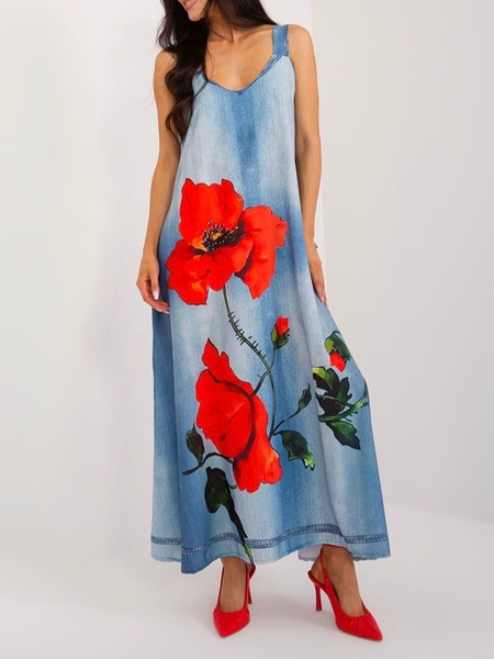 Vacation Floral Printing Spaghetti Denim Maxi Dress, Blue, Maxi Dresses