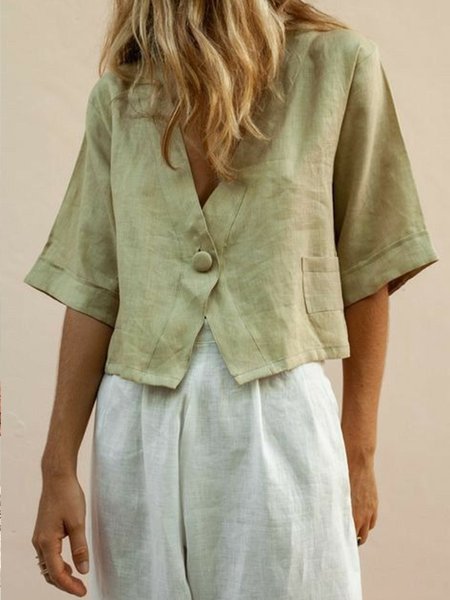 

Cotton And Linen Urban Plain V Neck Blouse, Lightgreen, Blouses and Shirts