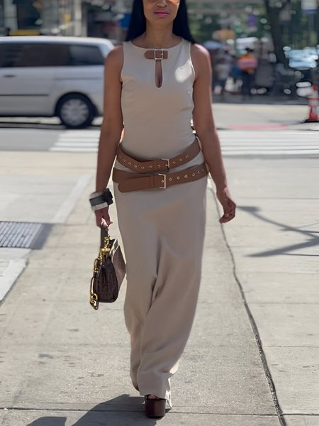 Elegant Plain Metal Buckle Crew Neck Maxi Dress With Belt, As picture, Maxi Dresses