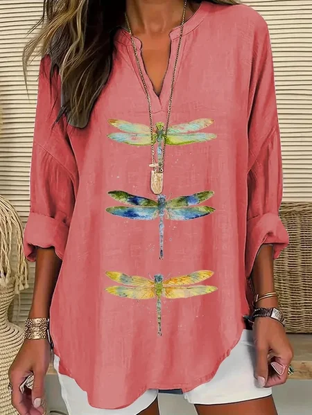 

V Neck Long Sleeve Dragonfly Printing Regular Loose Blouse For Women, Red, Blouses