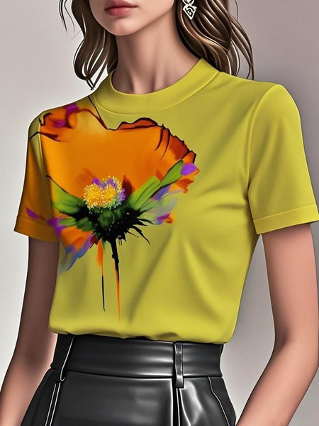 

Casual Floral Printing Crew Neck T-shirt, As picture, Tees