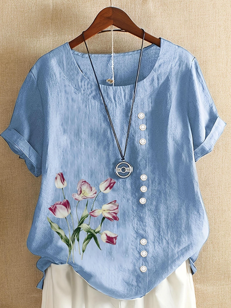 

Women's Short Sleeve Shirt Summer White Floral Printing Crew Neck Daily Going Out Casual Top, Blue, Blouses & Shirts