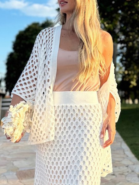 

Vacation Plain Hollow Out Raglan Sleeves Sweater Cardigan, White, Cardigans