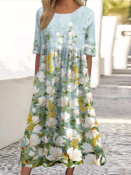 

Women Floral Crew Neck Short Sleeve Comfy Casual Maxi Dress, Lightgreen, Maxi