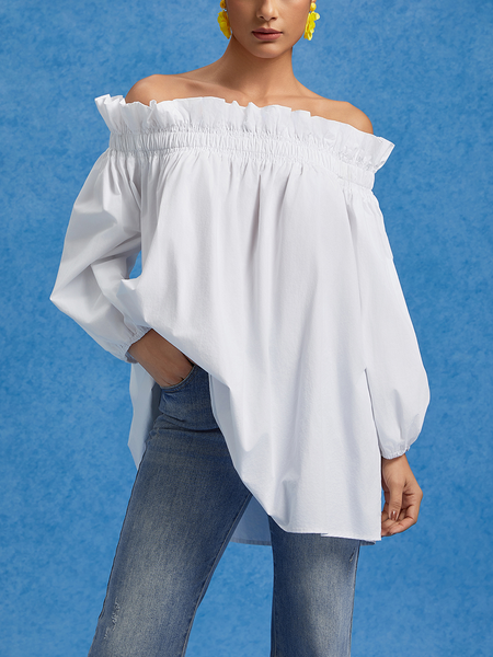 

Casual Off-Shoulder Ruched Cotton Blouse, White, Blouses and Shirts