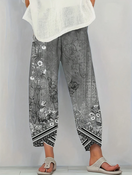 Women Floral Capris Pant Casual Summer Trousers, Gray, Pants
