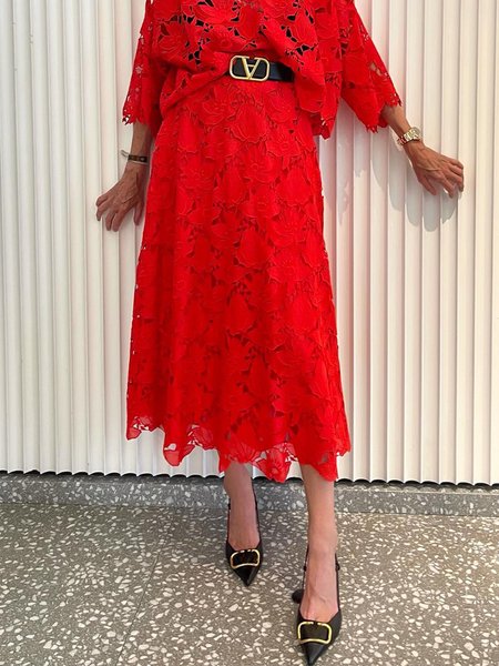 

Elegant Hollow Out Plain Midi Skirt, Red, Skirts