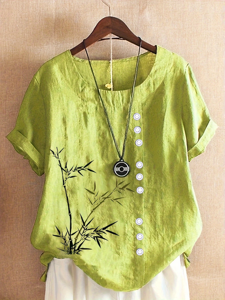 

Women's Short Sleeve Shirt Summer White Floral Printing Crew Neck Daily Going Out Casual Top, Green, Blouses & Shirts