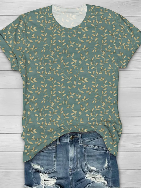 Women Floral Short Sleeve Tee T-shirt Crew Neck Printing Casual Summer Graphic Tee Top, Green, T-Shirts