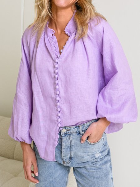 

Cotton And Linen Urban Plain Buttoned Stand Collar Balloon Sleeve Shirt, Light purple, Blouses and Shirts