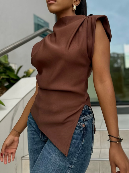 Urban Plain Side-Slit Stand Collar Tank Top, Brown, Tanks and Camis