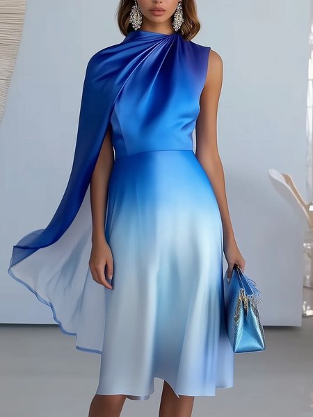 Elegant Irregular Craftsmanship Ombre Printing Midi Dress, Blue, Midi Dresses
