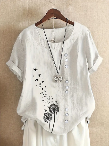 

Women's Short Sleeve Shirt Summer White Floral Printing Crew Neck Daily Going Out Casual Top, Blouses & Shirts