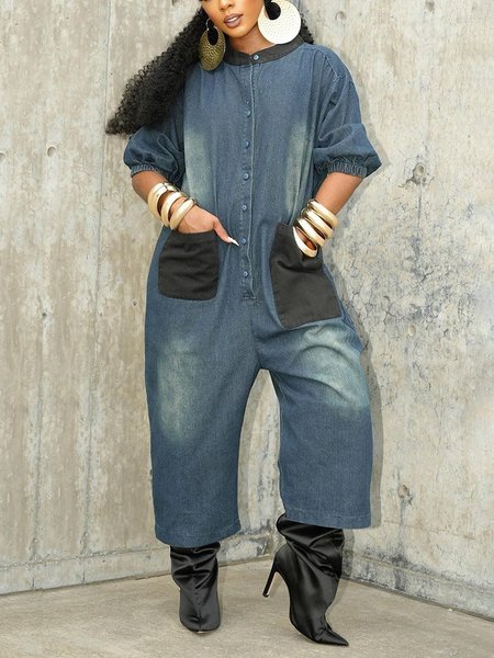 Stand Collar Casual Denim Loosen Jumpsuit, Denim blue, Jumpsuits
