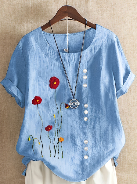 

Crew Neck Short Sleeve Floral Printing Regular Micro-Elasticity Loose Shirt For Women, Blue, Blouses