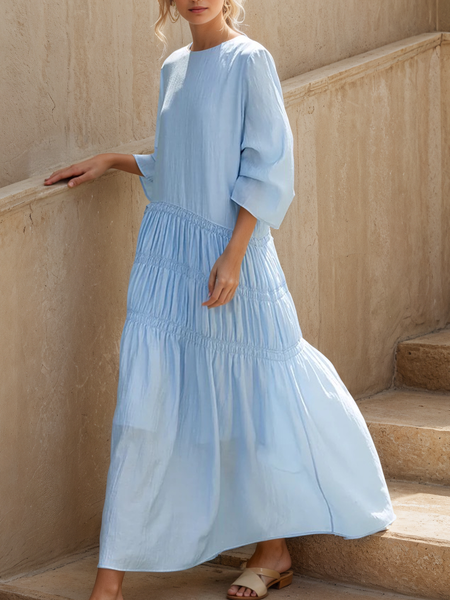 

Elegant Plain Gathered Maxi Dress, Blue, Maxi Dresses