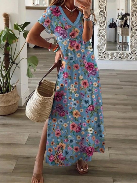Women Floral V Neck Short Sleeve Comfy Casual Printing Maxi Dress, Blue, Dresses
