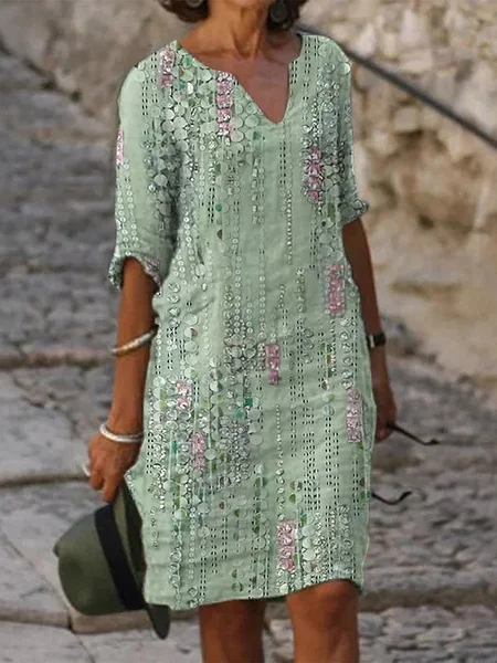 

Women Striped Half Sleeve Summer Printing Dress V Neck Daily Casual Mini Shift Dress H-Line Dress, Green, Casual Dresses