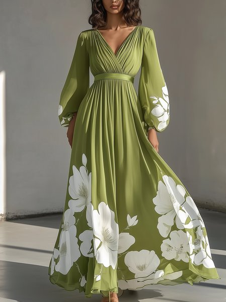 Elegant Floral Balloon Sleeve V Neck Maxi Dress, Green, Maxi Dresses