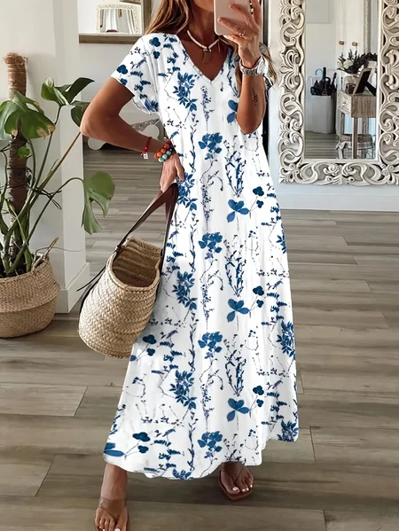 

Women's Floral Spring Print V-Neck Short Sleeve Slit Dress, White, Maxi Dresses