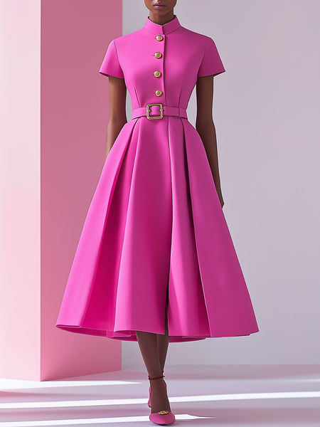

Urban Plain Buttoned Mock Neck Midi Dress Belt, Pink, Midi Dresses