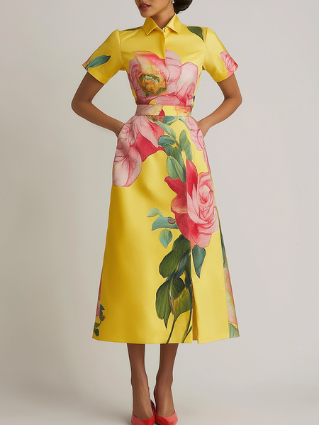

Elegant Floral Shirt Collar Midi Dress, Yellow, Midi Dresses