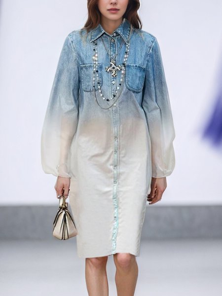 Urban Faux Denim Graphic Flocked Shirt Collar Midi Dress, Blue, Midi Dresses