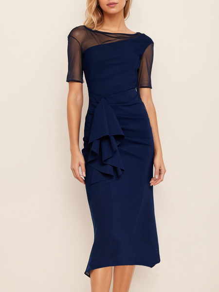 Elegant Plain Split Joint Midi Dress, Navy blue, Midi Dresses