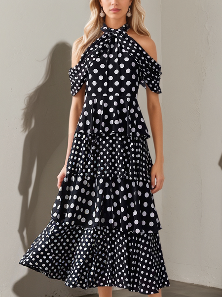 

Elegant Polka Dots Split Joint Halter Midi Dress, Black, Midi Dresses