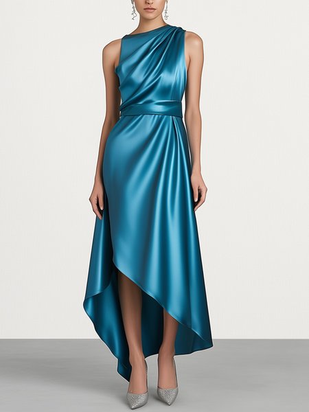 Elegant Plain Irregular Craftsmanship Maxi Dress With Belt, Blue, Maxi Dresses