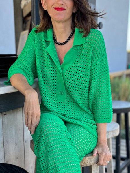 

Casual Plain Hollow Out Shawl Collar Sweater, Green, Pullovers