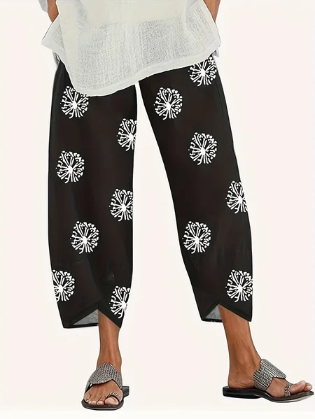 Women Floral Capris Pant Casual Summer Trousers, Black, Pants