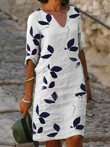 

Women Floral Half Sleeve Summer Printing Dress V Neck Daily Casual Mini Shift Dress H-Line Dress, White, Casual Dresses