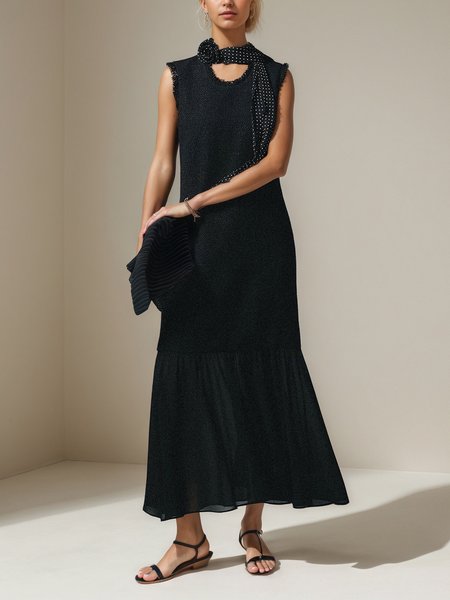 Elegant Tweed Plain Split Joint Maxi Dress Choker, Black, Maxi Dresses