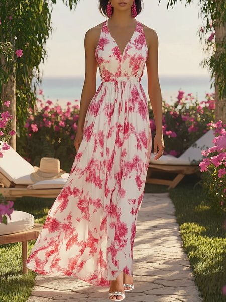 Vacation Floral Gathered V Neck Midi Dress, Pink, Midi Dresses