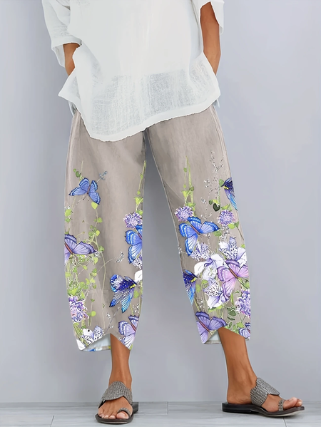 

Women Floral Capris Pant Casual Summer Trousers, Light khaki, Pants
