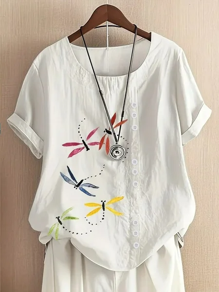 

Women Dragonfly Half Sleeve Blouse Summer Crew Neck Daily Casual Top, White, Shirts