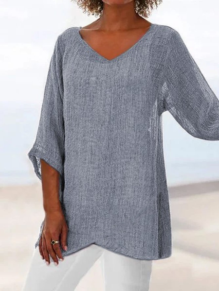 

V neck Linen Plain Casual Asymmetric 3/4 Sleeve Plain Top, Gray, Blouses & Shirts