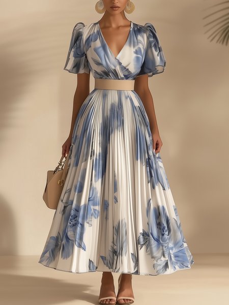 Vacation Floral Gathered Maxi Dress No Belt, Blue, Maxi Dresses