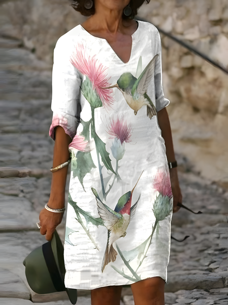 

Women Floral Half Sleeve Summer Printing Dress V Neck Daily Casual Mini Shift Dress H-Line Dress, White, Casual Dresses
