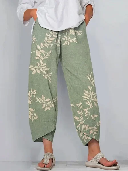 Women Floral Capris Pant Casual Summer Trousers, Green, Pants